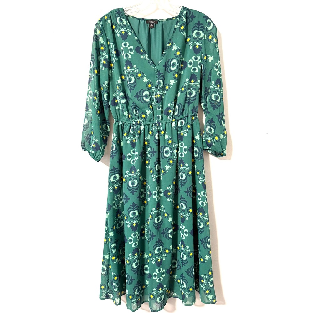 Ann Taylor Factory Green Damask Floral‎ V-Neck Midi Dress Long Sleeve XS